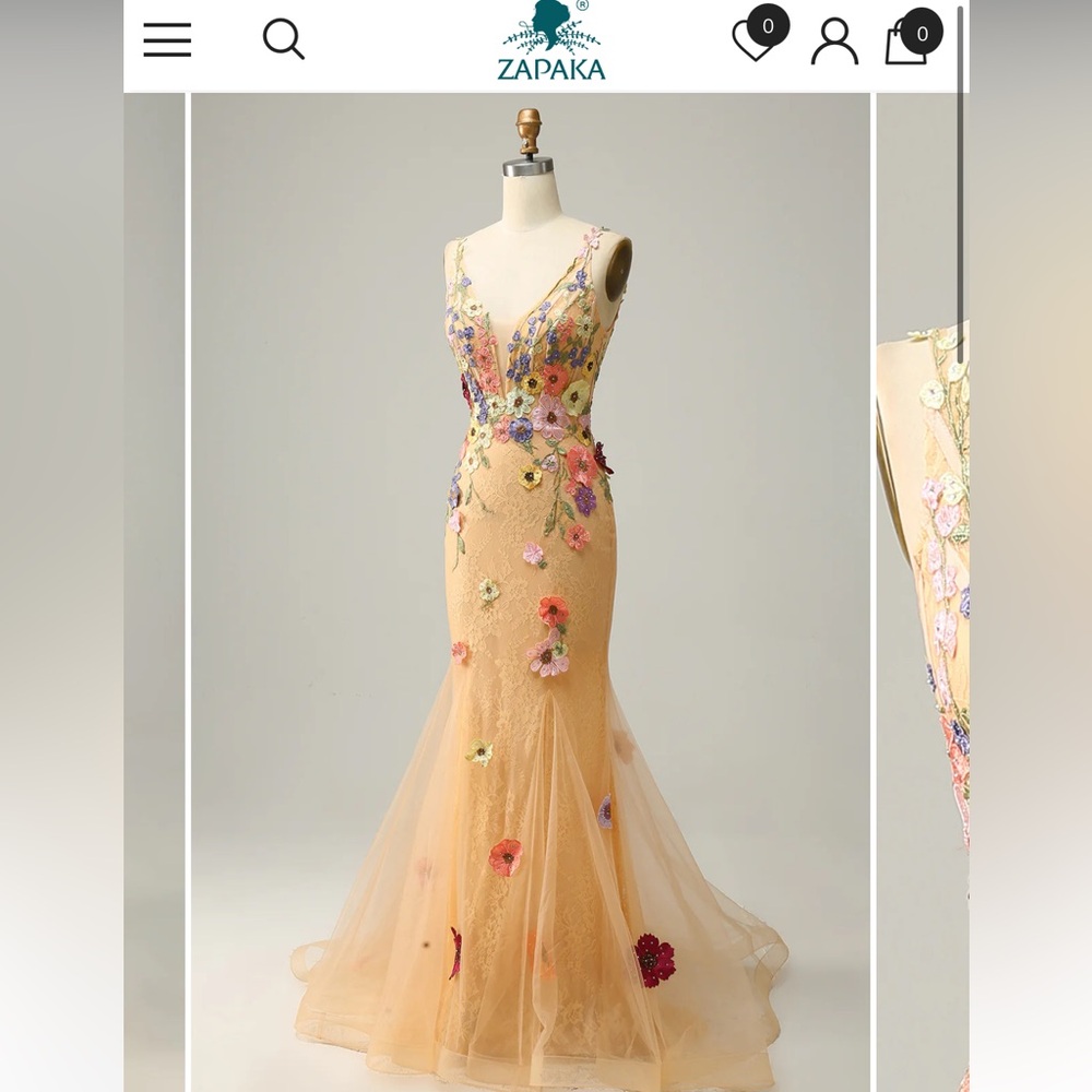 Gorgeous mermaid deep V neck champagne long gown with floral appliqués